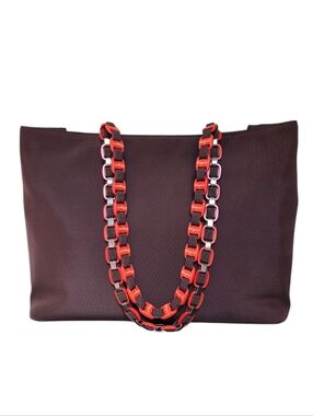 Salvatore Ferragamo Brown Canvas Tote with Orange-Red Gancini Vara Chain Straps